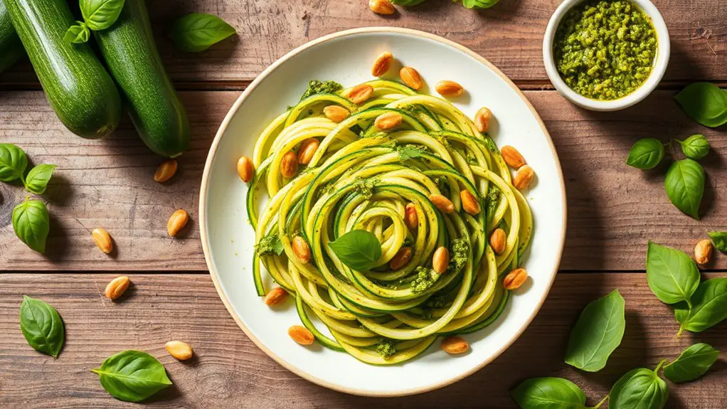 zucchini noodles topped with pesto