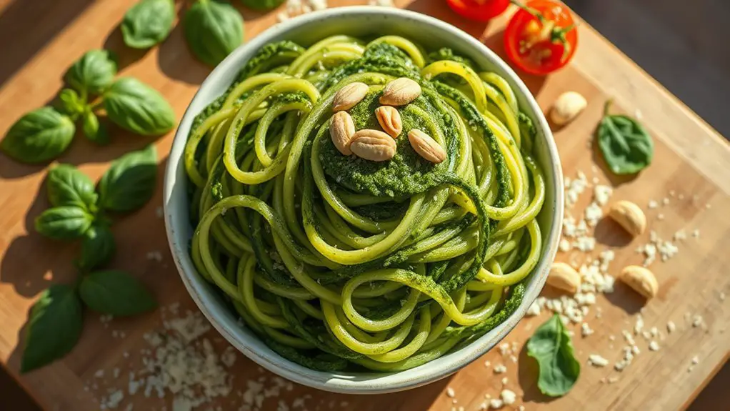 zucchini noodles topped with pesto