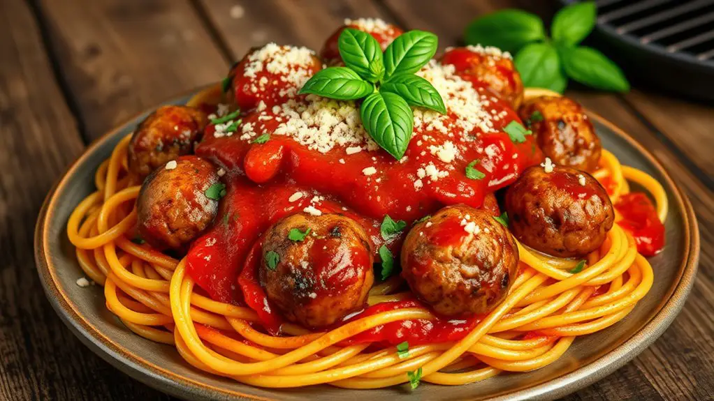 bbq meatballs over spaghetti