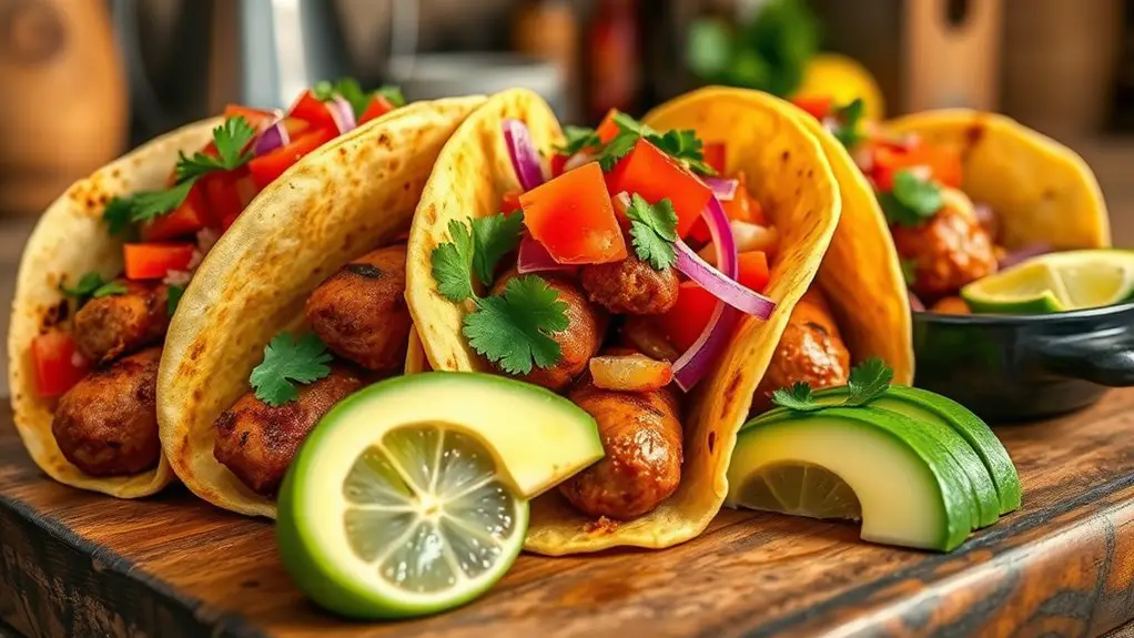 bratwurst filled avocado tacos