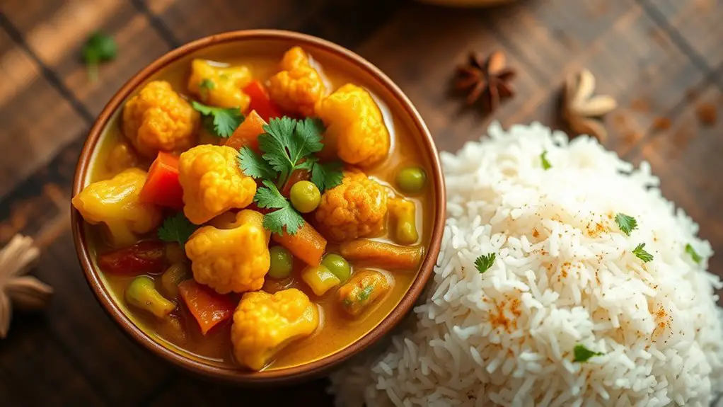 cauliflower curry served with rice