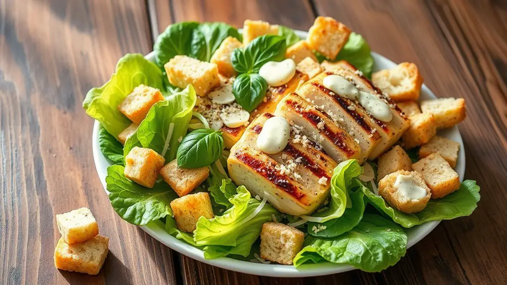 grilled chicken atop caesar salad