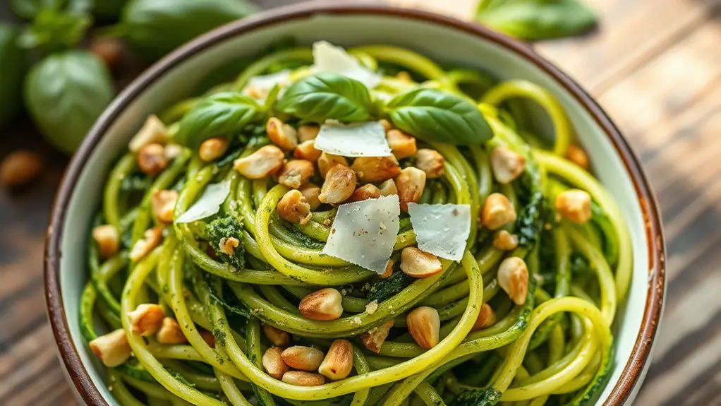 zucchini noodles topped with pesto